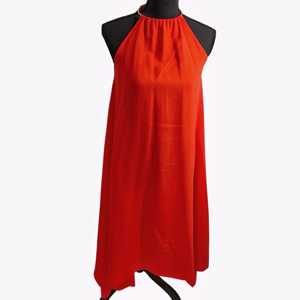 TCEC Small Red Gold Metal Neck Ring Asymmetrical Swing Trapeze Dress